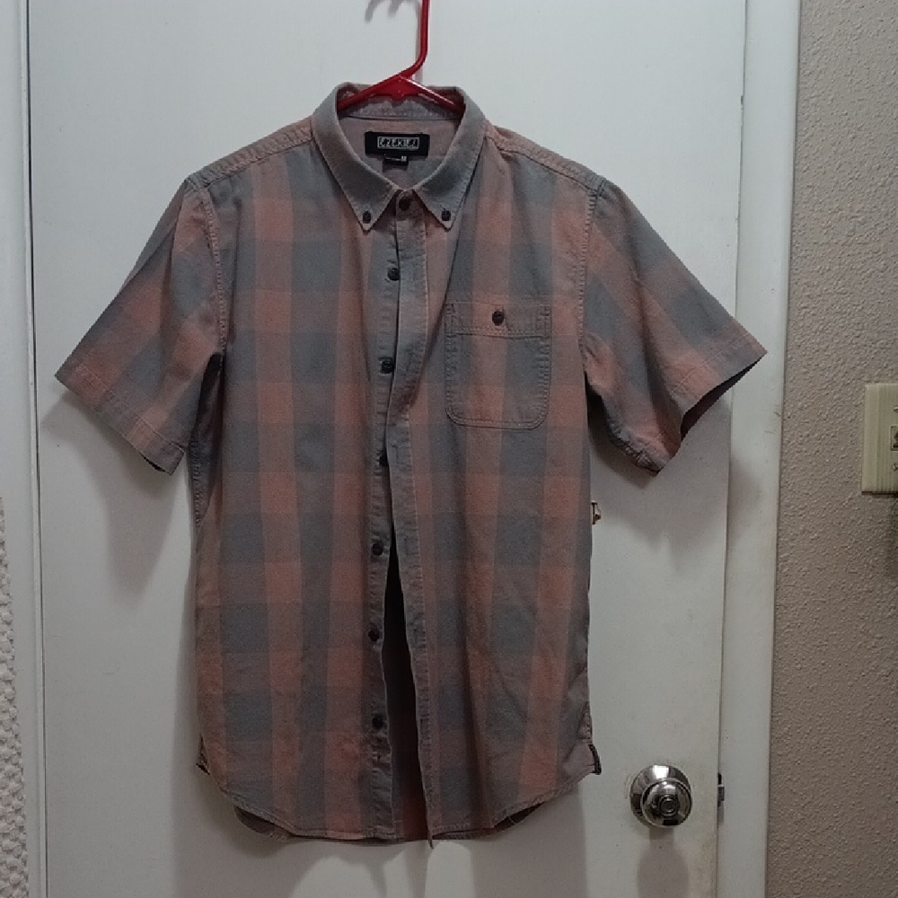 Men's Gray and Pastel Pink Plaid Shirt